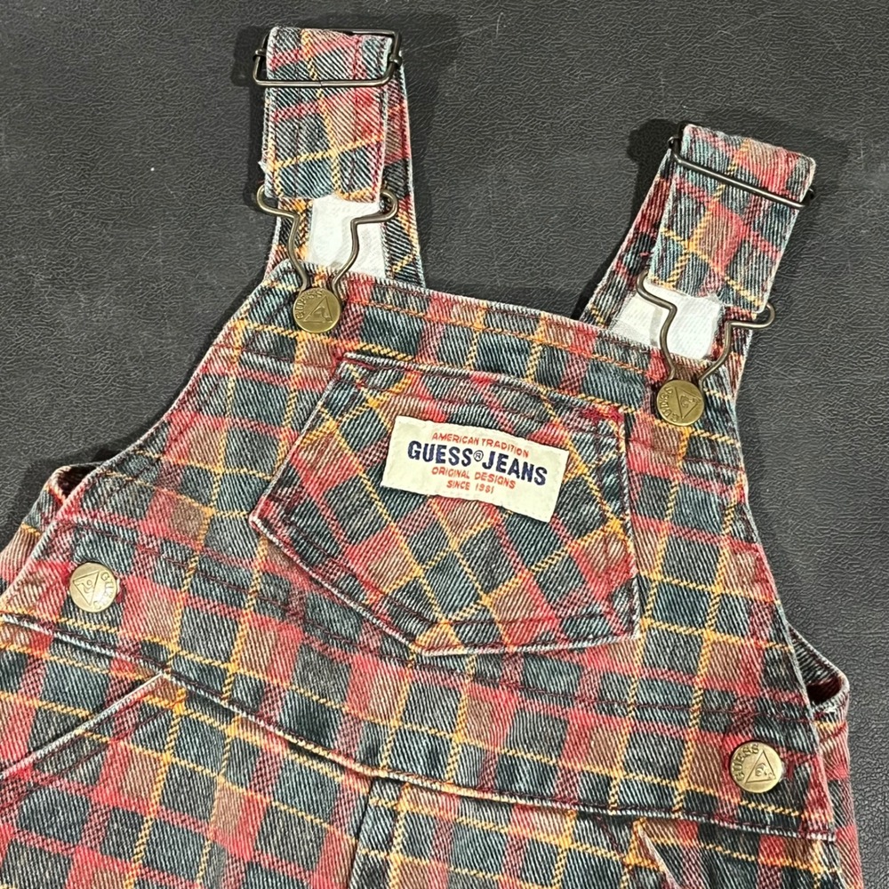 Vintage Baby Guess Rare Baby Plaid Overalls 3M‎ Red Yellow Blue Denim USA
